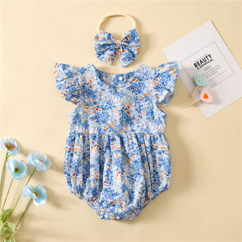 Baby Floral Fly Sleeve Romper with Headband