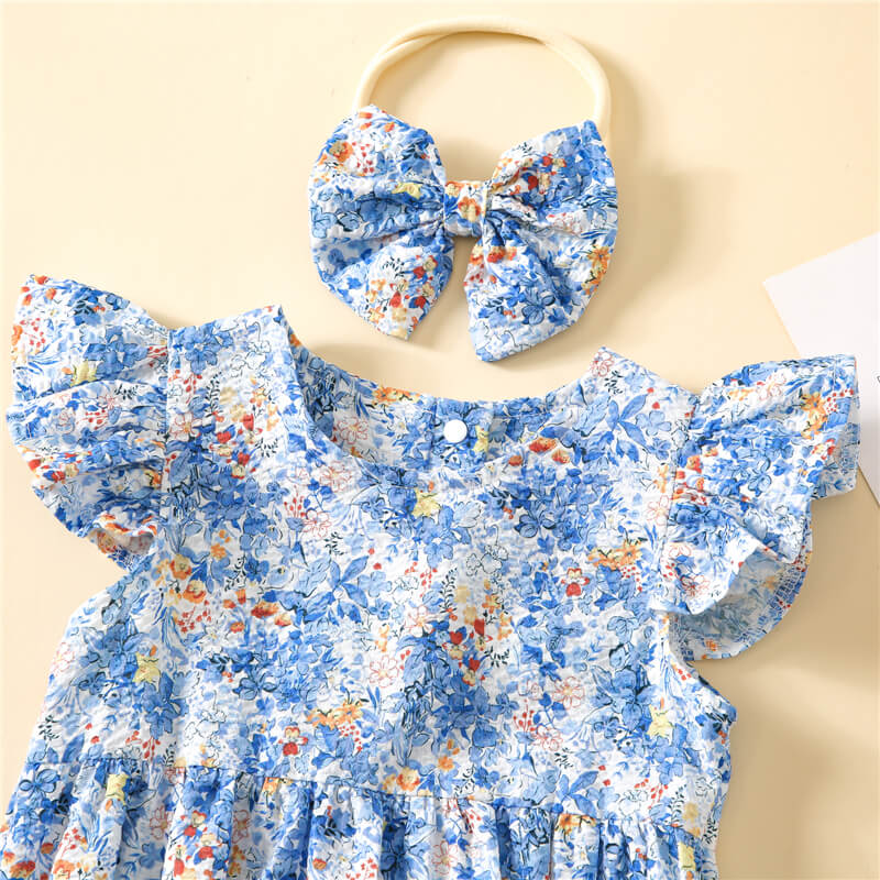 Baby Floral Fly Sleeve Romper with Headband - Image 3