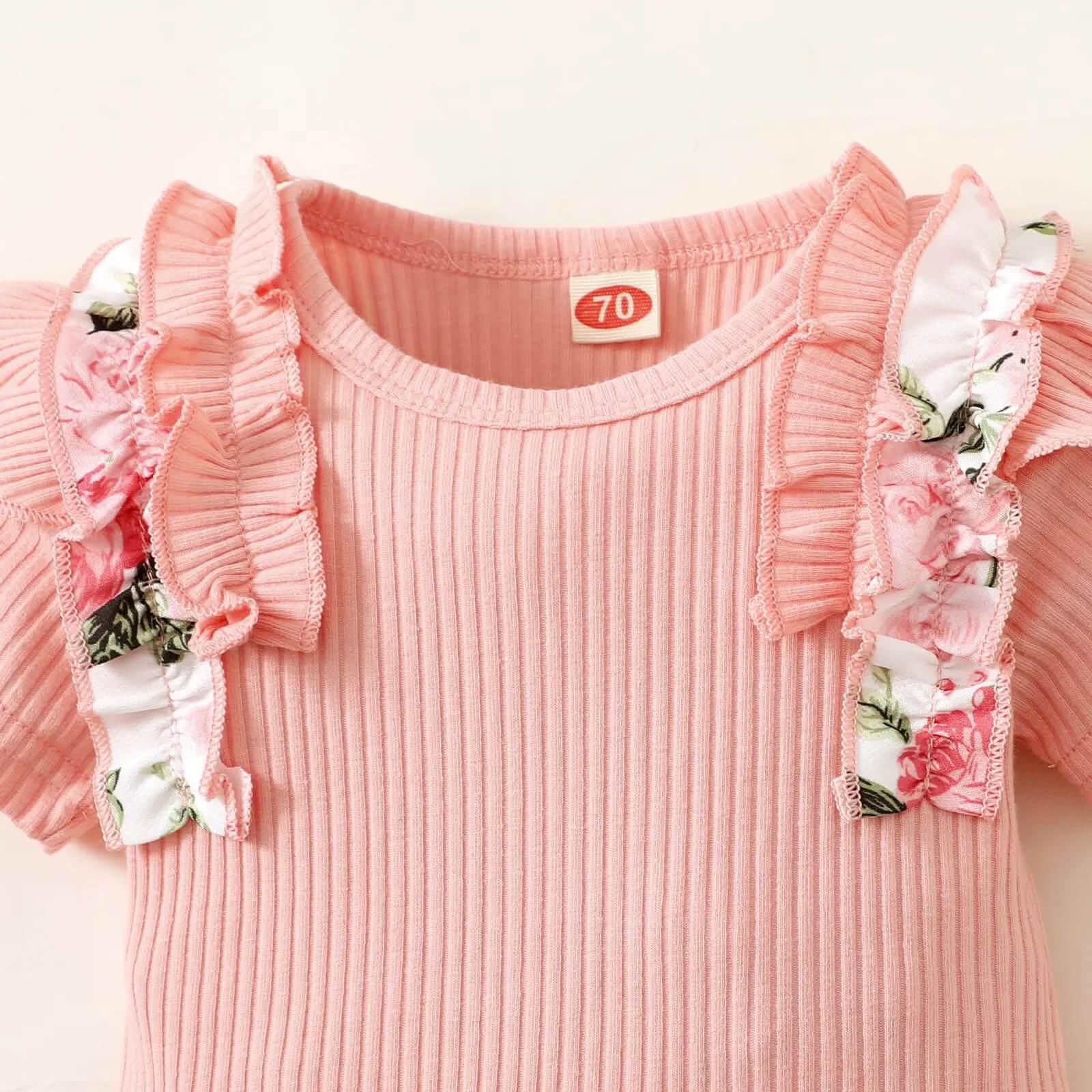 Floral Ruffle Onesie and Shorts Set with Headband - Image 3
