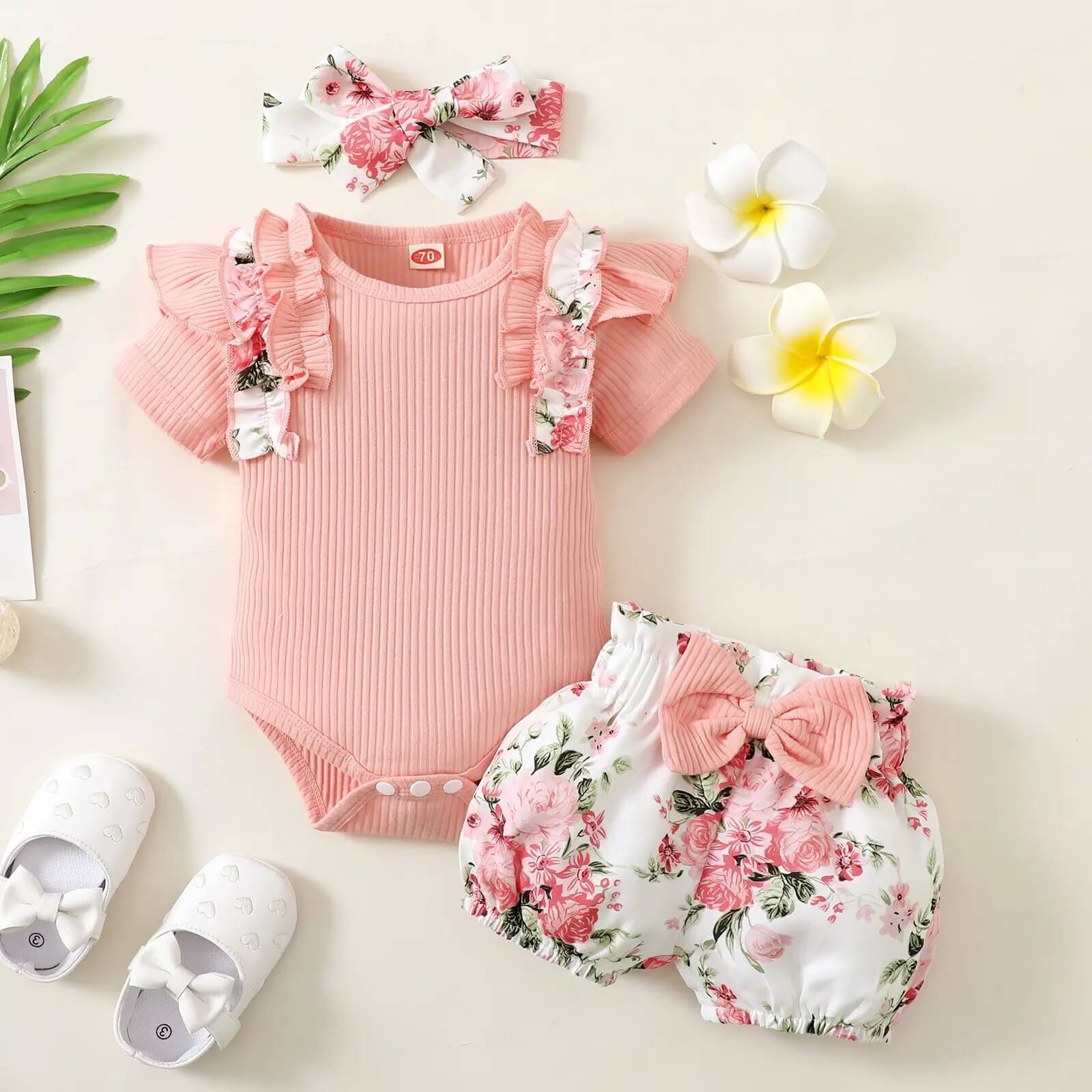 Floral Ruffle Onesie and Shorts Set with Headband