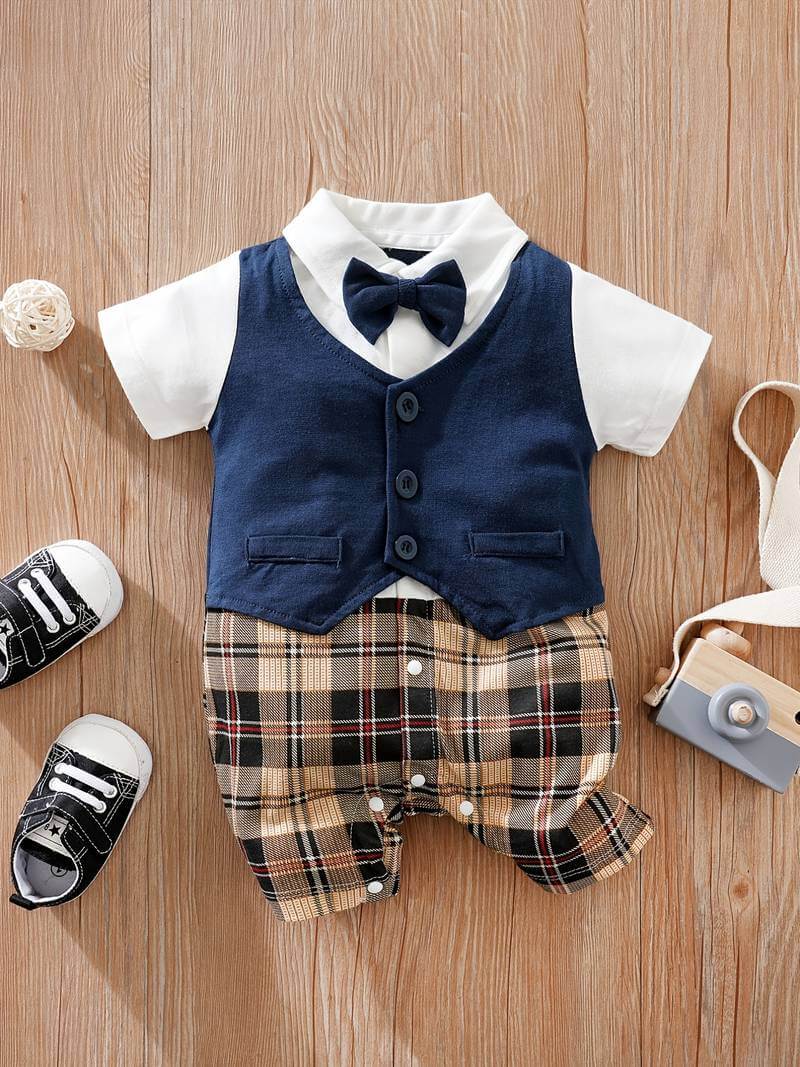 Gentleman Tuxedo Plaid Romper With Bowtie