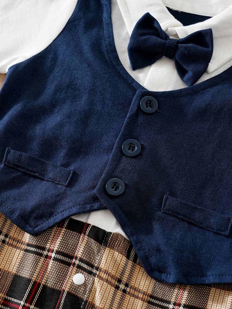 Gentleman Tuxedo Plaid Romper With Bowtie - Image 5