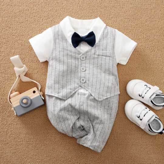 Striped Gentleman Romper With Bow Tie