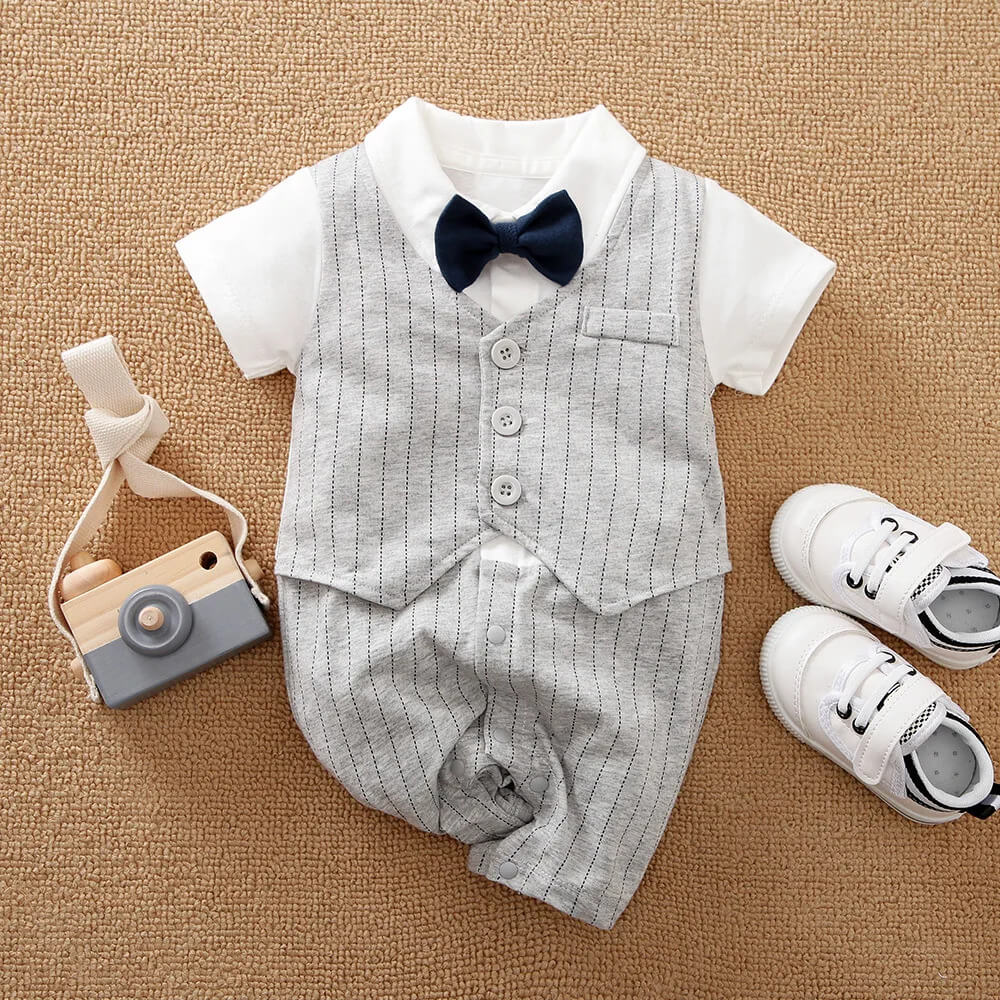 Striped Gentleman Romper With Bow Tie