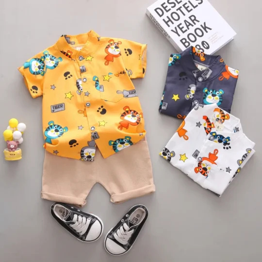 Tiger Print Casual Shirt Shorts Set
