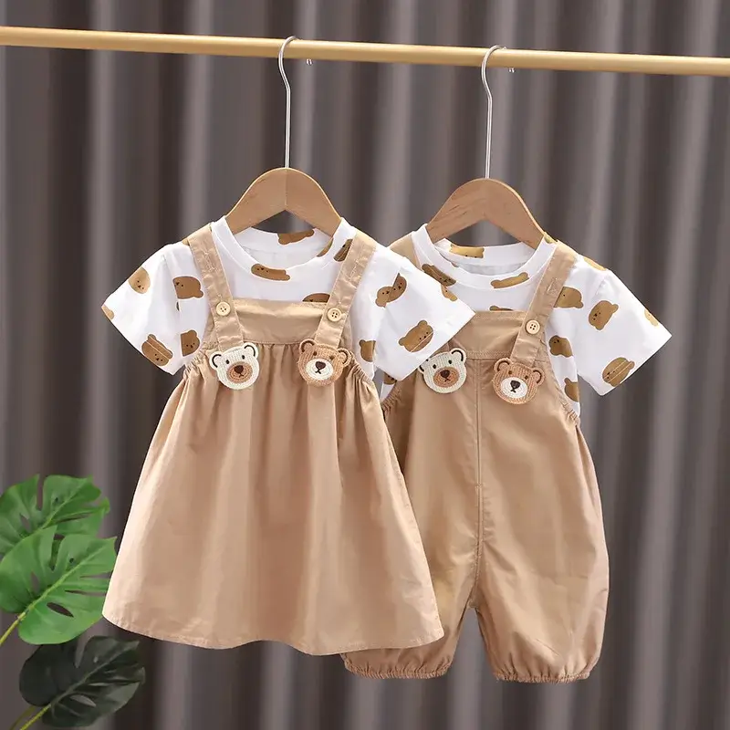 Cartoon Bear T-shirt Overalls Set