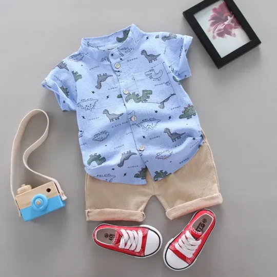 Dinosaur Print Casual Shirt Shorts Set