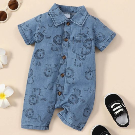 Lion Printed Denim Shorts Jumpsuit