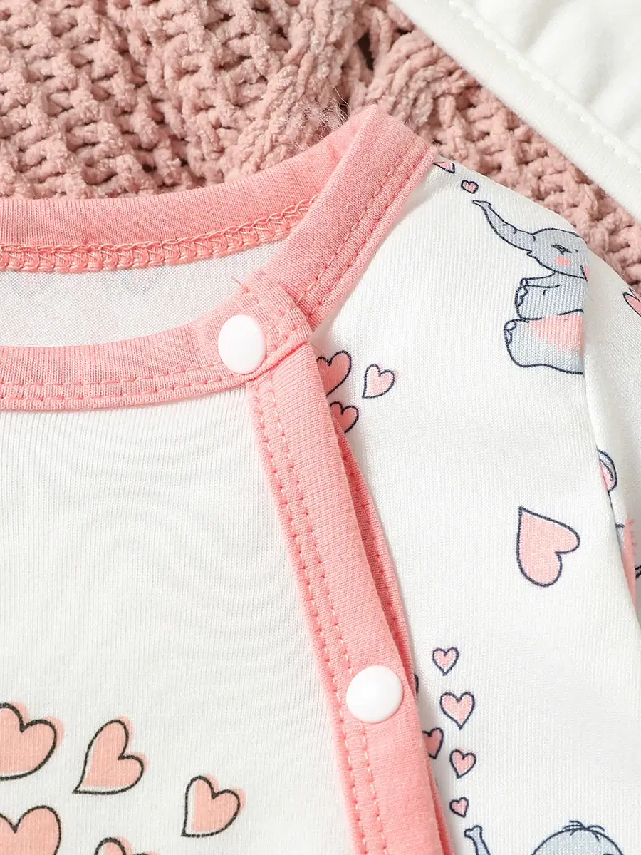 Elephant Print Jumpsuit with Bib + Hat + Mittens Set - Image 3