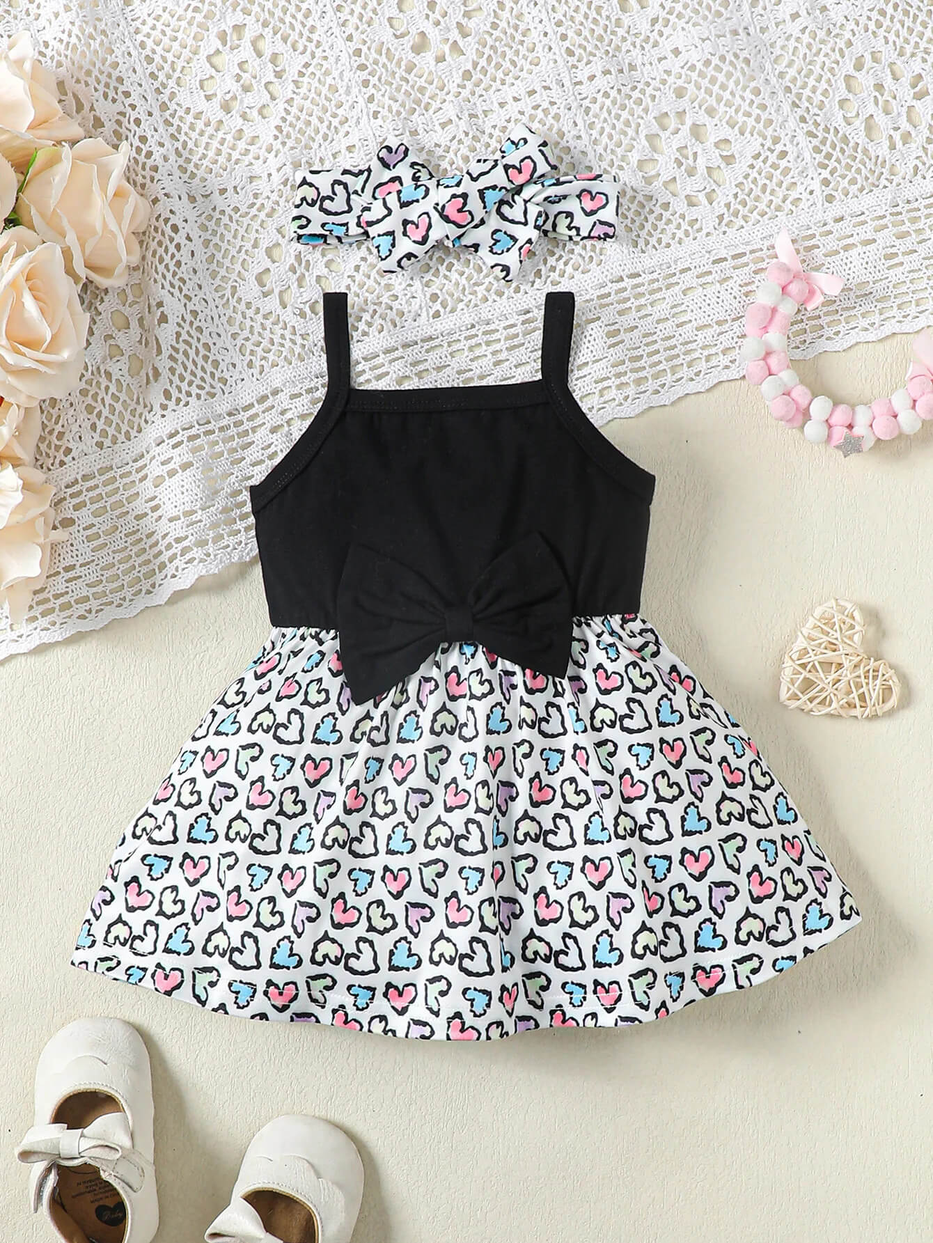 heart pattern baby dress with headband