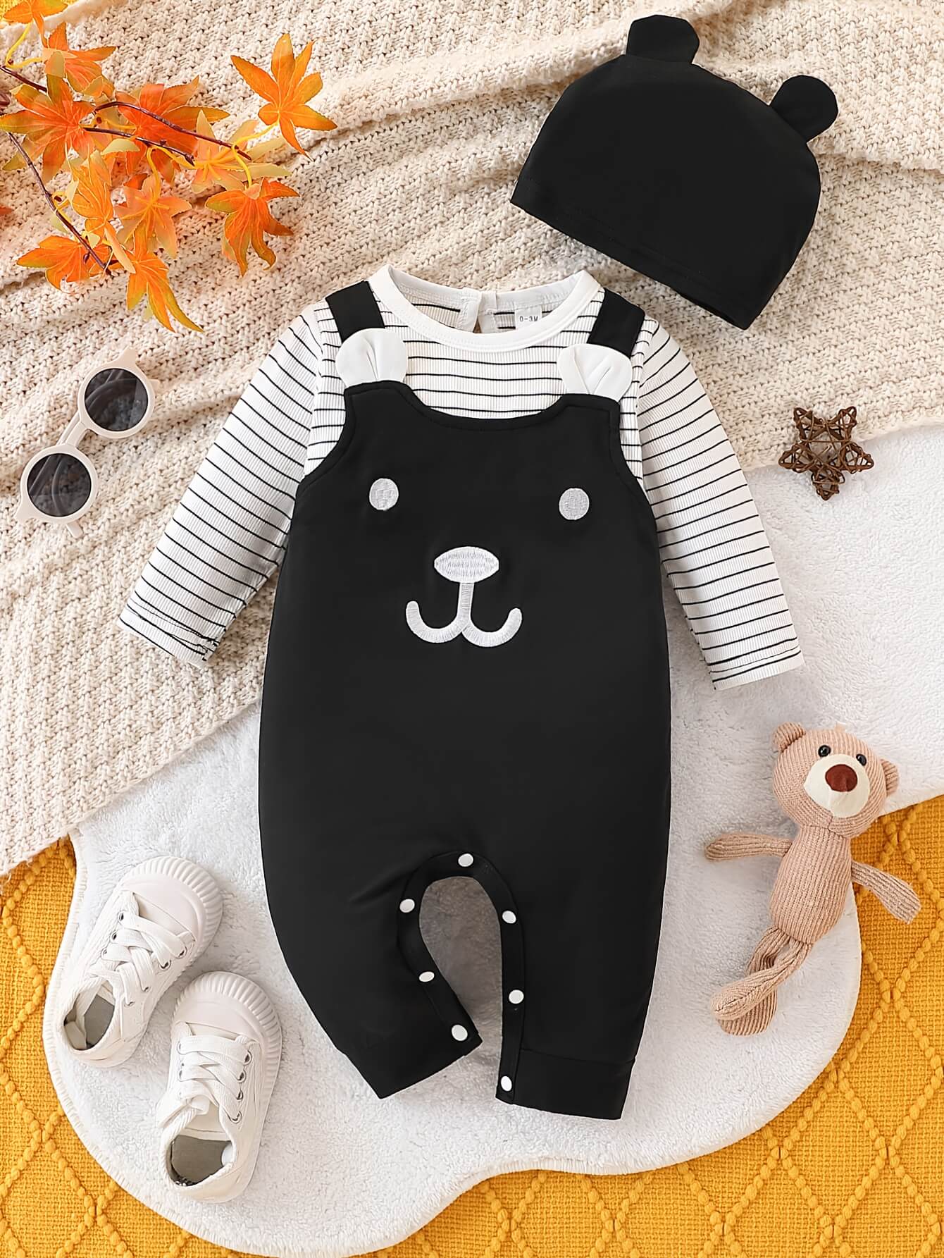Bear Suspender Bodysuit Set with Hat