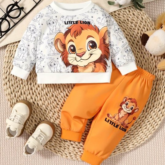 Lion Print Sweatshirts & Pants Set