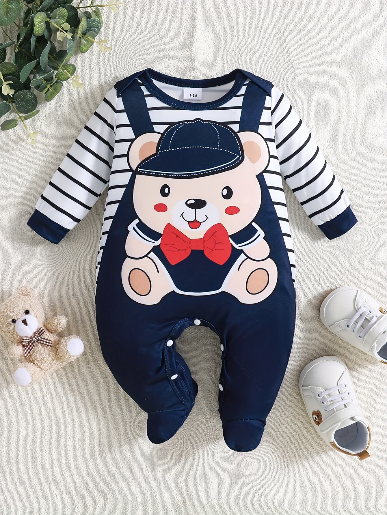 Bear Bow Tie Striped Romper