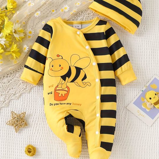 Bee Pattern Romper & Hat Set