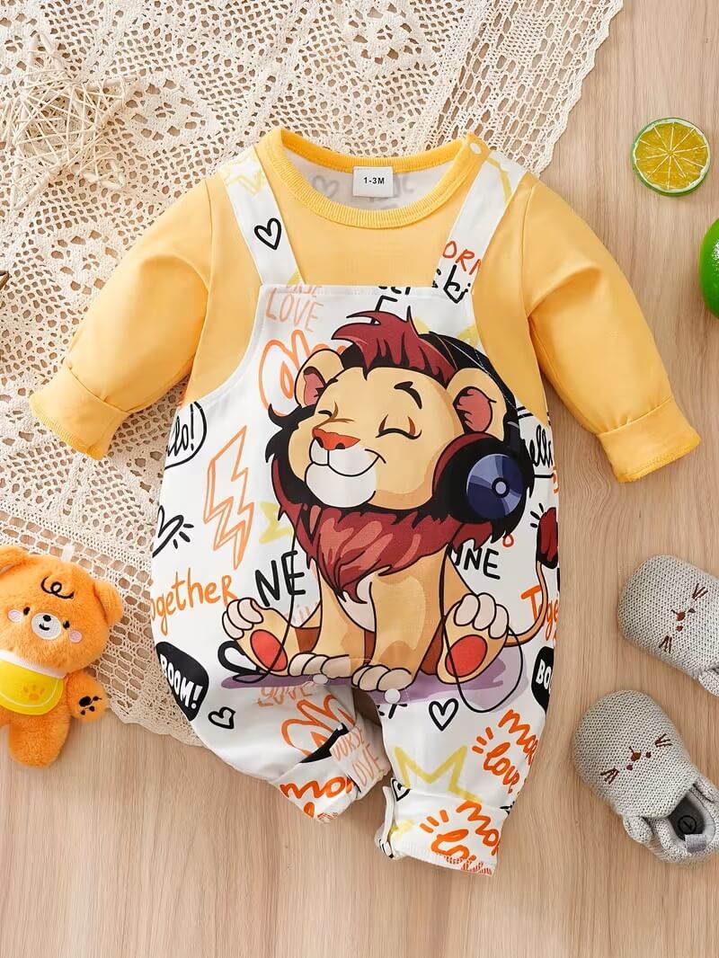 Lion Print Suspender Baby Bodysuit