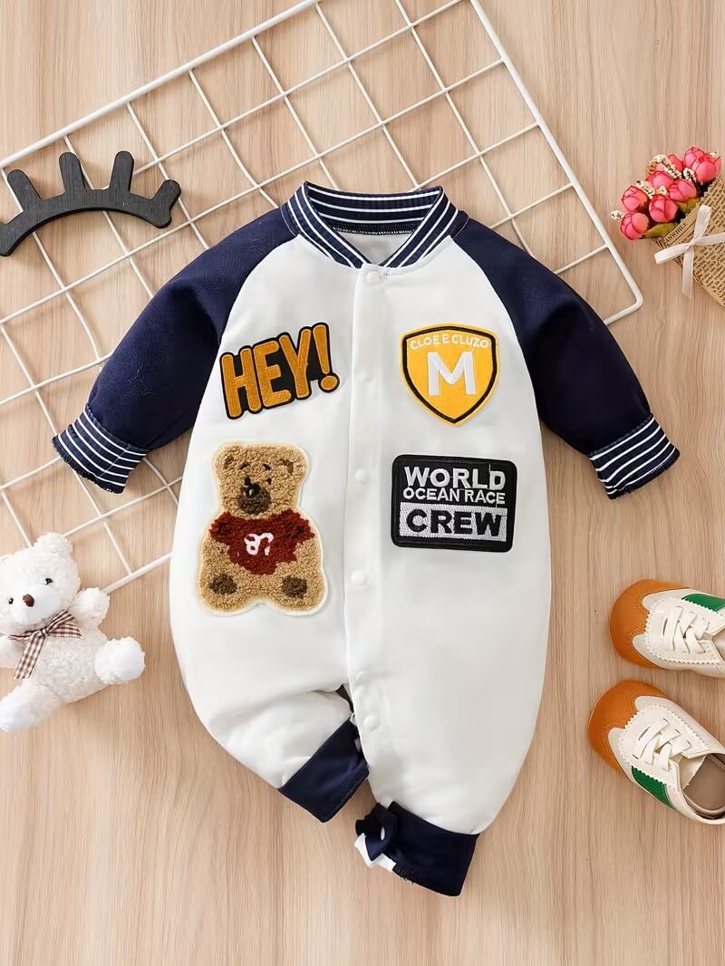 Bear Embroidered Long Sleeve Baby Bodysuit