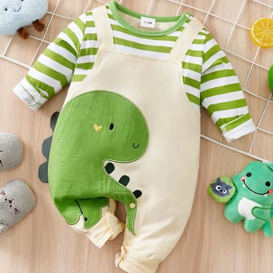 Dinosaur Embroidered Suspender Baby Romper