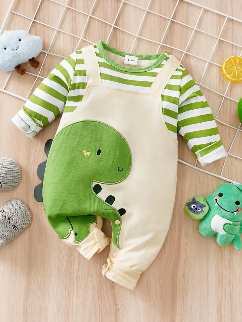 Dinosaur Embroidered Suspender Baby Romper