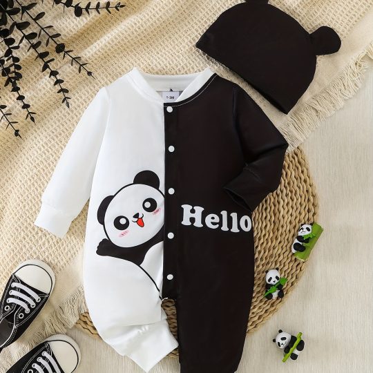 Panda Print Baby Bodysuit with Hat Set