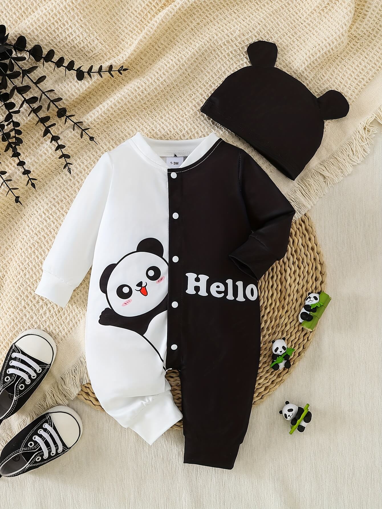 Panda Print Baby Bodysuit with Hat Set