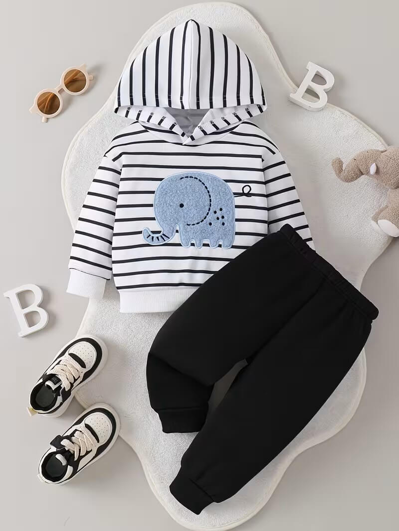 Elephant Embroidered Hooded Sweatshirt & Pants Set