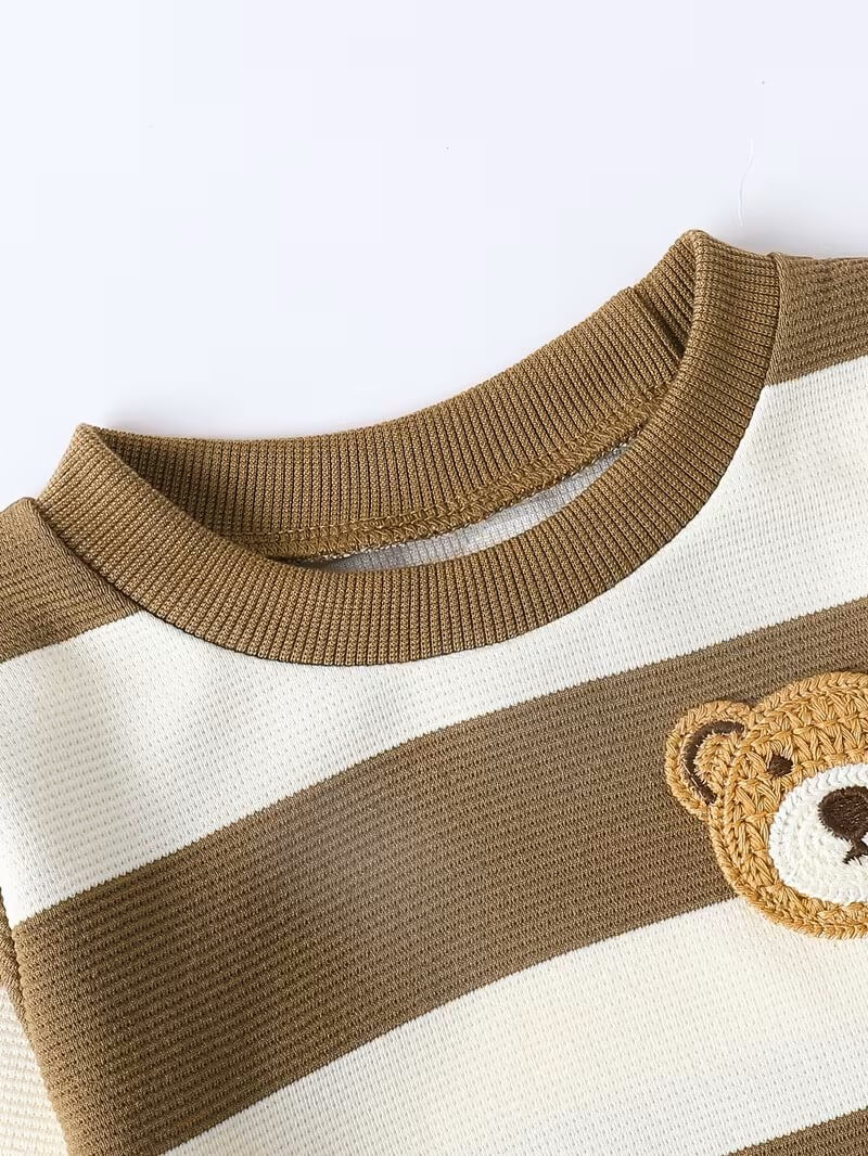 Baby Bear Patch Striped Sweatshirt & Denim Pants Set - Image 3