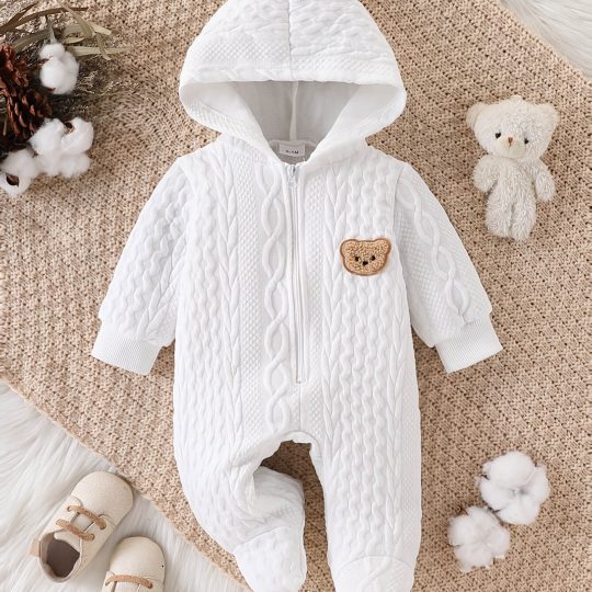 Jacquard Bear Hooded Footed Baby Romper
