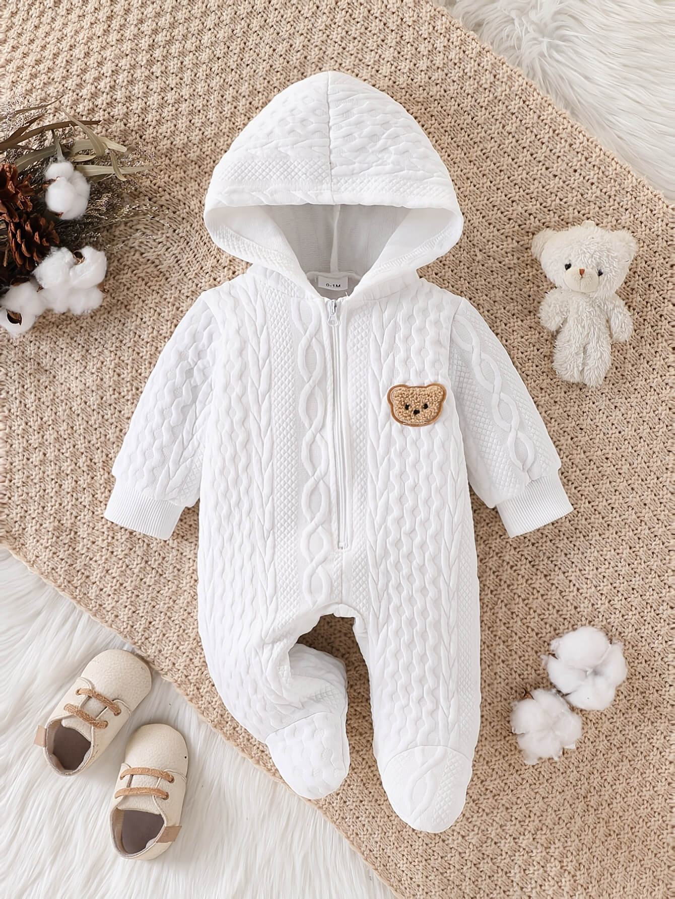 Jacquard Bear Hooded Footed Baby Romper