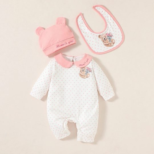 Polka Dot Long Sleeve Jumpsuit with Hat & Bib Set
