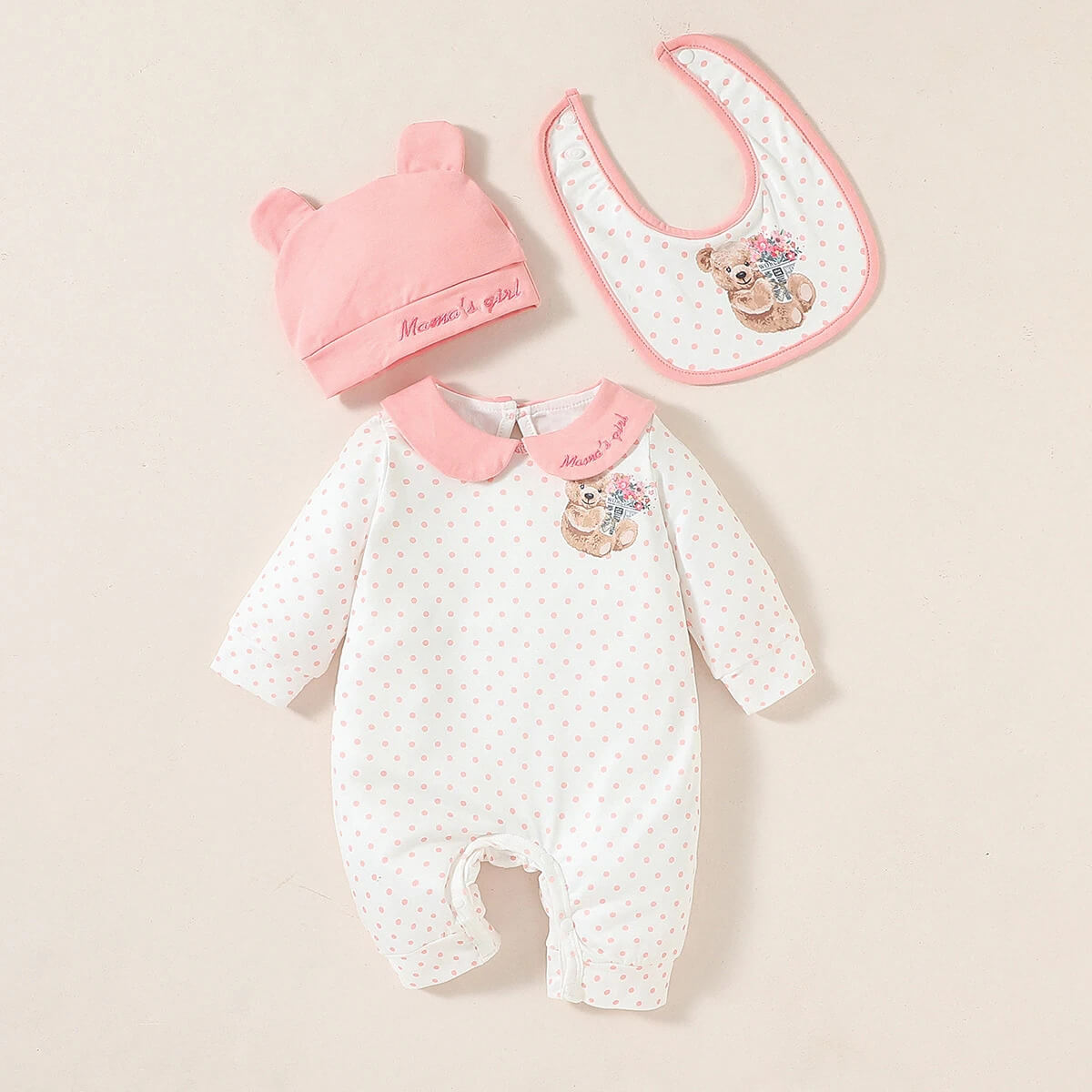 Polka Dot Long Sleeve Jumpsuit with Hat & Bib Set