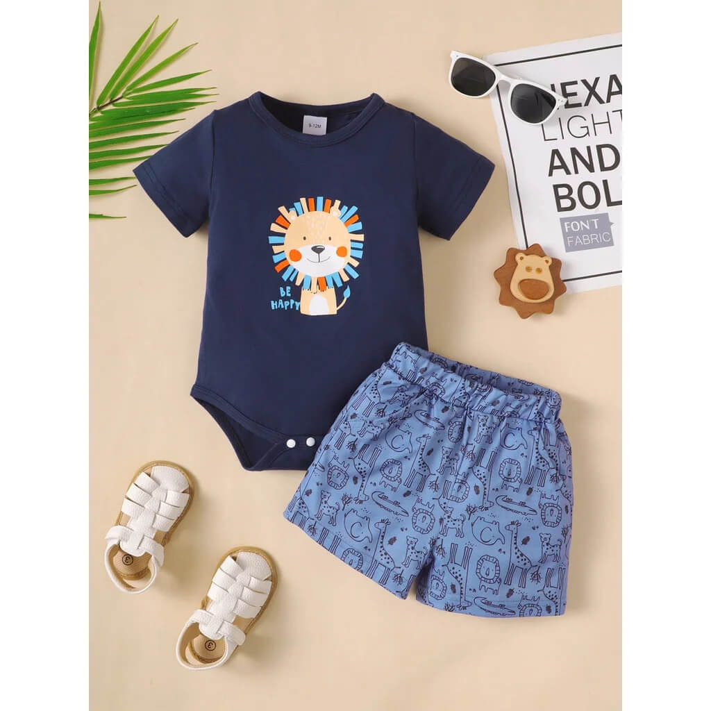 Lion Print Bodysuit & Shorts Set
