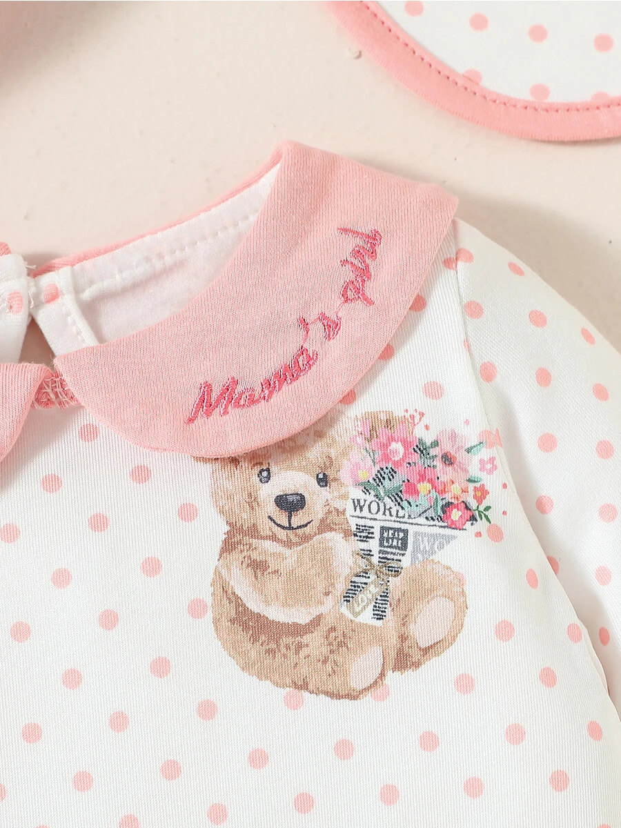 Polka Dot Long Sleeve Jumpsuit with Hat & Bib Set - Image 3